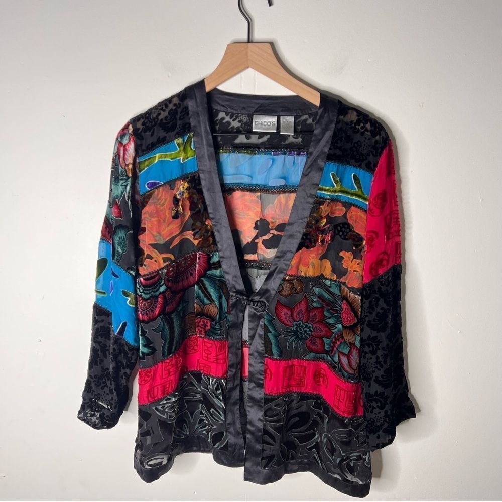 Chicos crushed velvet bohemian burn out patchwork cardigan jacket medium Silk